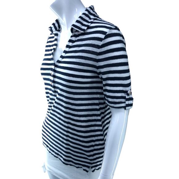 Chicos Womens Size 0 US 4 Small Polo Shirt Blue White Stripe Nautical 100% Linen - Picture 4 of 16